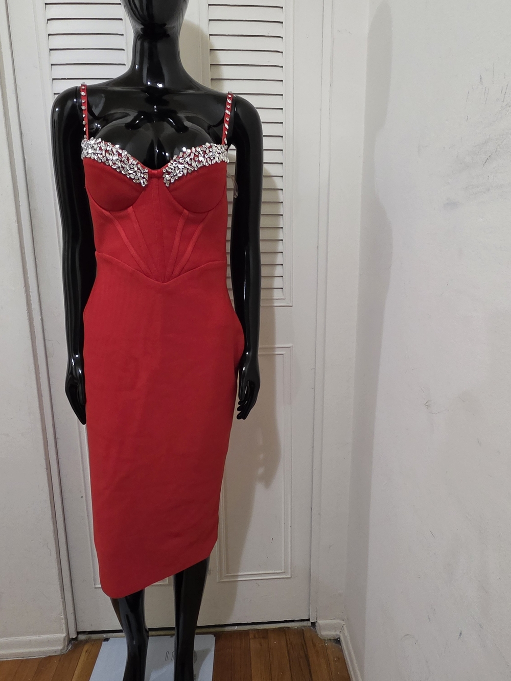 Red Embellished Bust Midi Dress